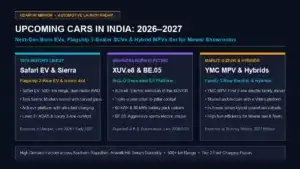Infographic banner showcasing upcoming cars in India for 2026 and 2027 including Tata Safari EV, Mahindra XUV.e8, Tata Sierra, and Maruti electric MPV
