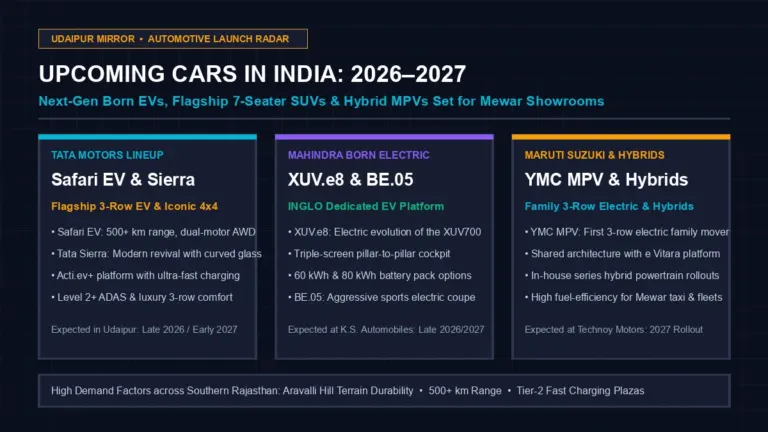 Infographic banner showcasing upcoming cars in India for 2026 and 2027 including Tata Safari EV, Mahindra XUV.e8, Tata Sierra, and Maruti electric MPV