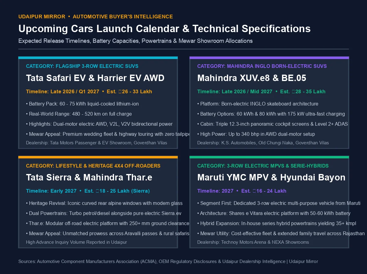 Comprehensive infographic card outlining upcoming cars in India for 2026 and 2027 with battery specs, prices, and showroom availability in Udaipur