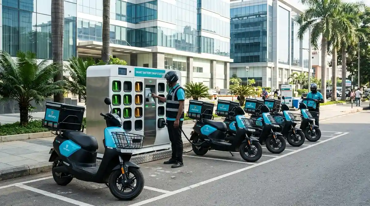 Yulu electric vehicles parked at a Bengaluru battery-swapping station powering 750,000 daily last-mile gig deliveries